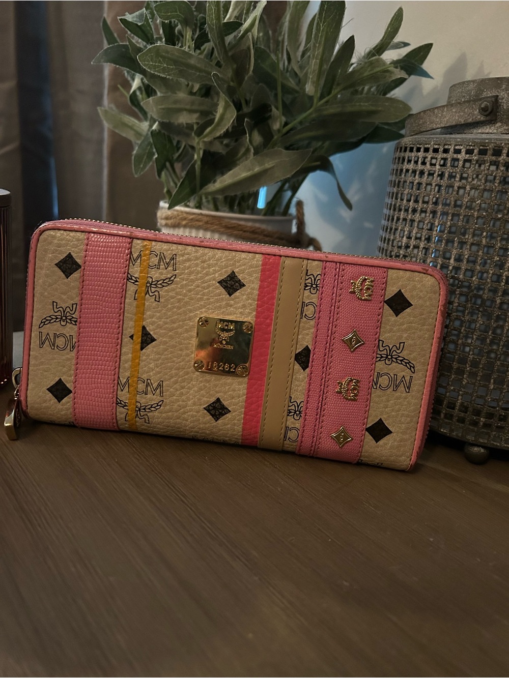 MCM beige Logo Zip-Around Wallet with Pink and Yellow Stripes